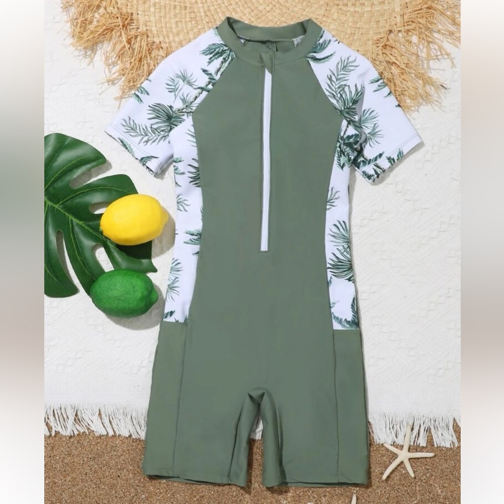 Tween One-piece Surfer Style Swimsuit Girls Green With padding zipper front